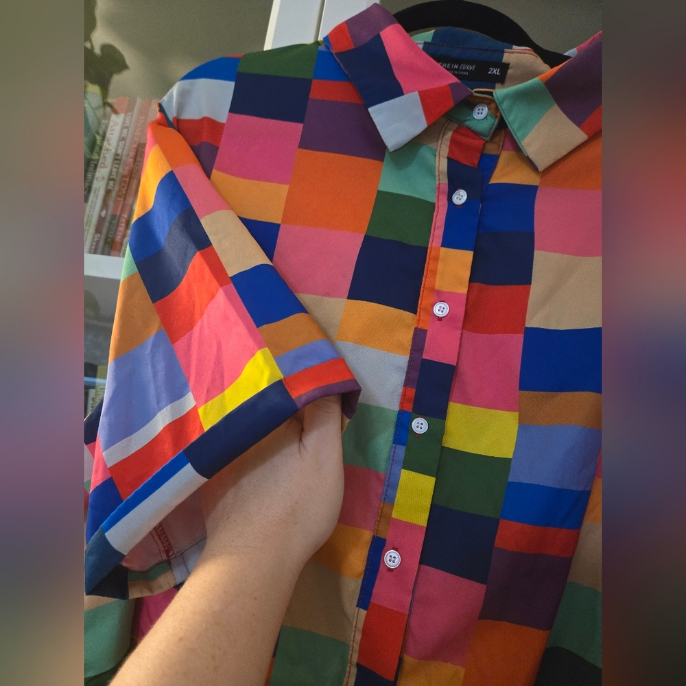 Colourful Checkered/Plaid Button-Up Short Sleeve Shirt with Collar - Picture 9 of 11